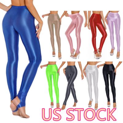 US Womens Shiny Glossy Stirrup Tights Pants Step on Foot Yoga Stretchy Pants